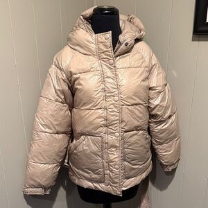 Noize Women's Small Shiny Iridescent Beige Puffer Hooded Coat Winter Outdoor